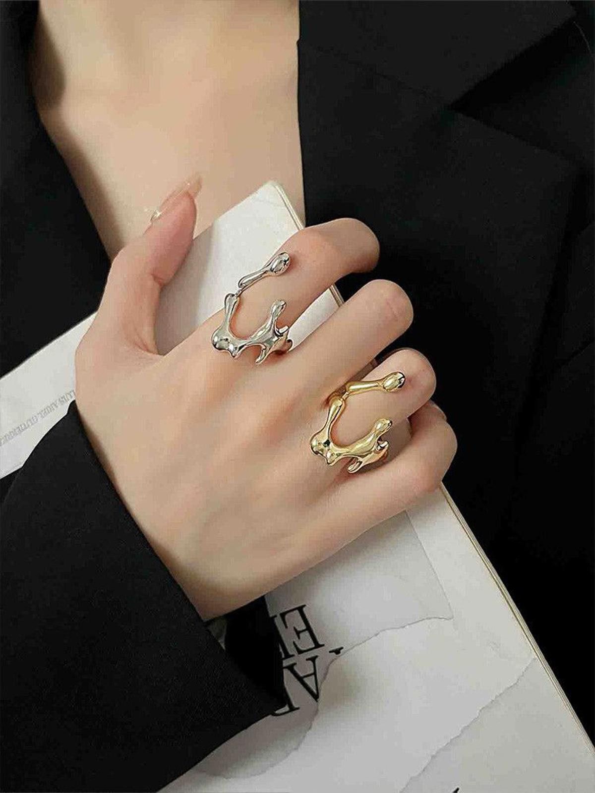 Jewelry Liquid Metal Chunky Hollow Open Adjustable Set Of Rings Size ONE SIZE - 1 Thumbnail