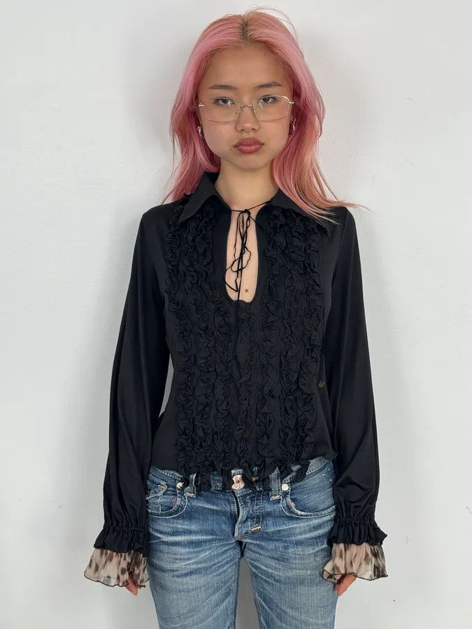 Roberto Cavalli 2000s Roberto Cavalli Black Ruched Cuff Wrapped Blouse Size S / US 4 / IT 40 - 2 Thumbnail