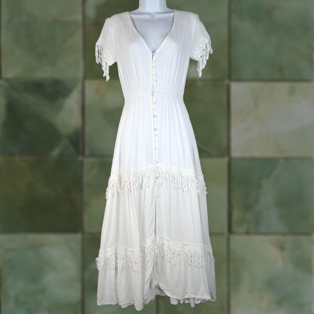 Vintage Jaase Dress Womens XS White Boho Maxi Button Front Smocked Tassel Fringe Size XS / US 0-2 / IT 36-38 - 1 Thumbnail