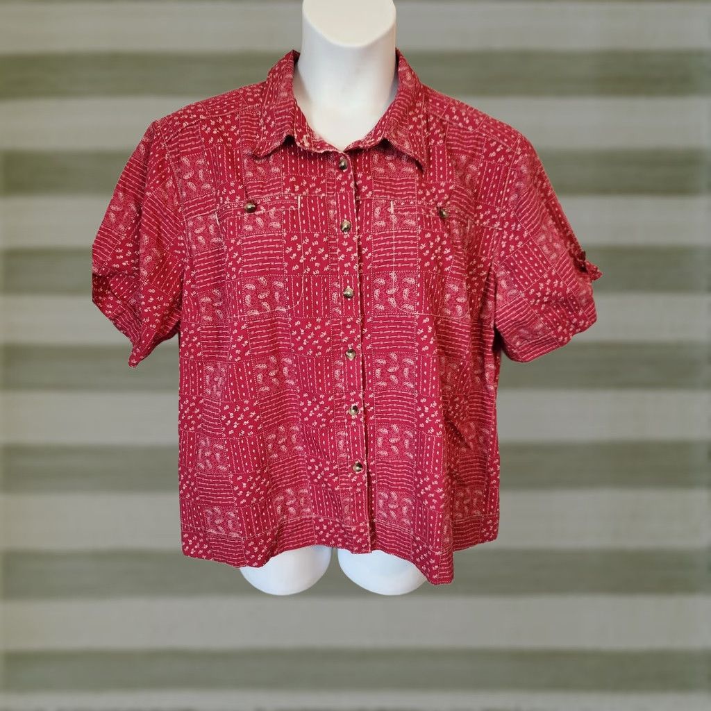 Vintage C.E. Schmidt Workwear Patchwork Look Print Short Sleeve Camp Shirt 3X Pink Womens Plus Button-Up Collared 3X Size XXL / US 16-18 / IT 52-54 - 1 Thumbnail