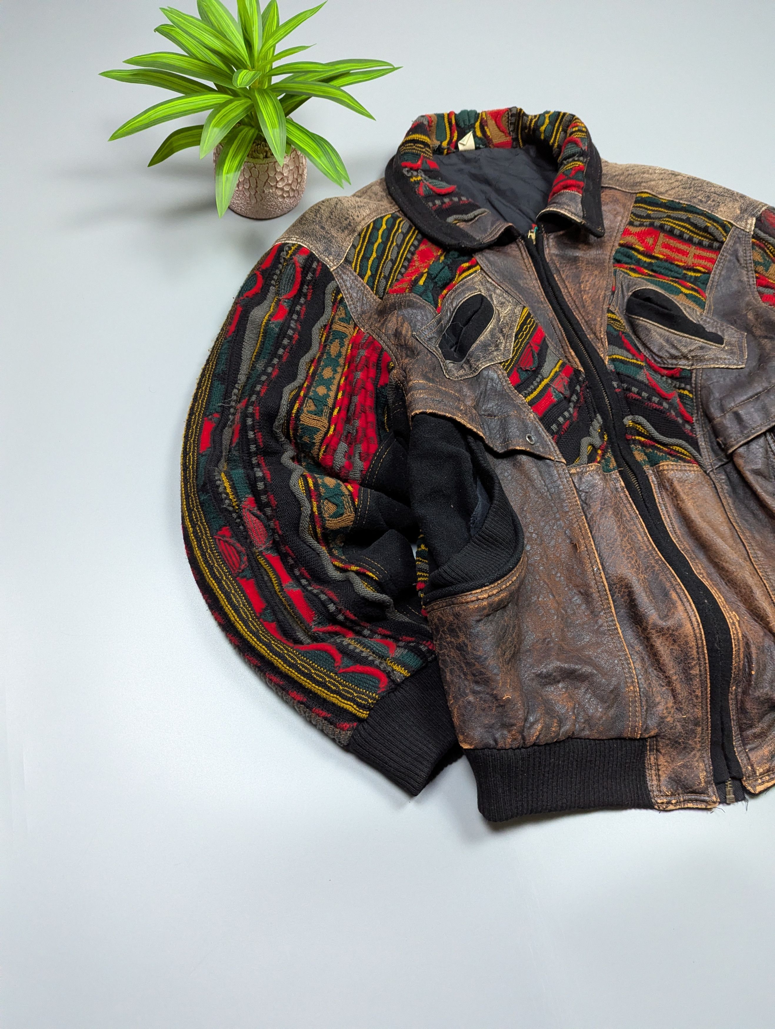Vintage Roger Springfield Vintage 80s Leather×Knit Patchwork Bombe Size US L / EU 52-54 / 3 - 5 Thumbnail