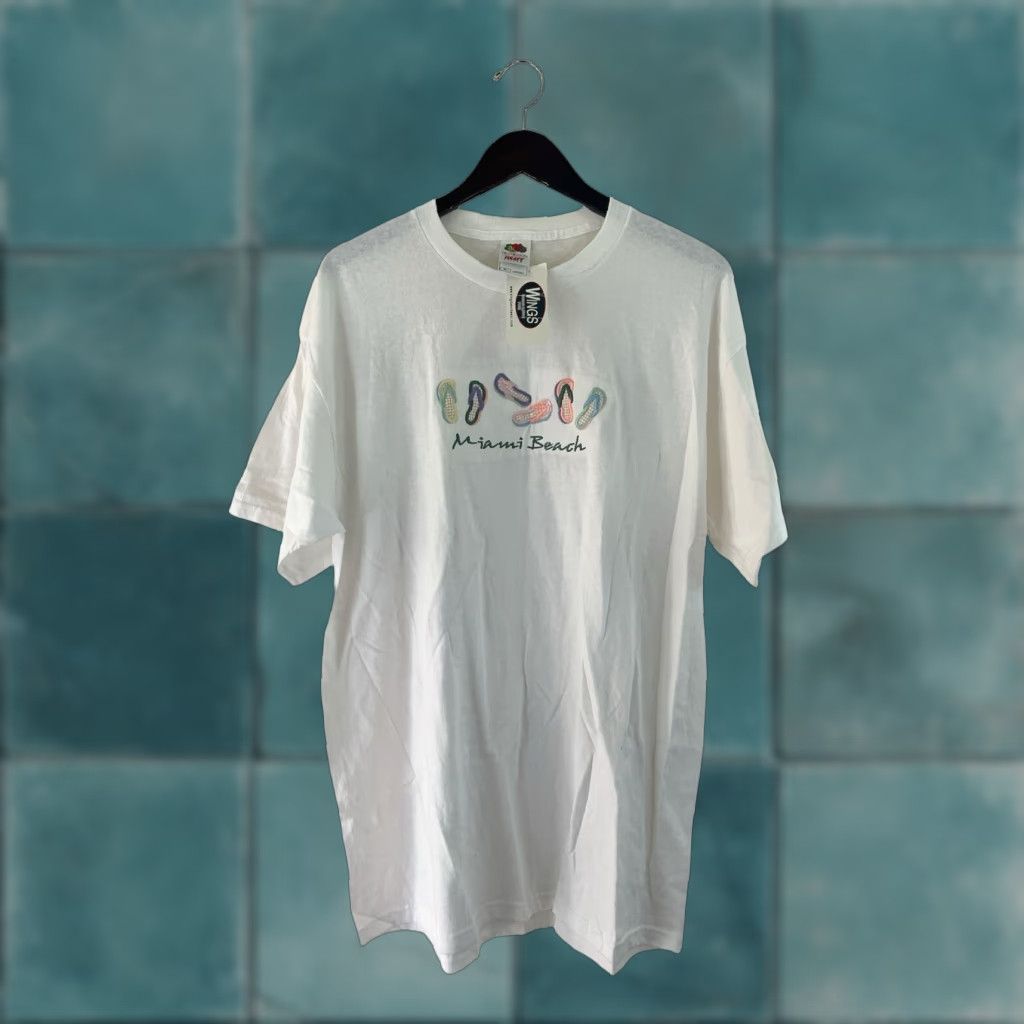 Fruit Of The Loom VINTAGE Fruit of the Loom T-Shirt Mens XL White 90s Miami Beach Deadstock NWT Embroidered Graphic Cotton Shirt Size US XL / EU 56 / 4 - 1 Thumbnail