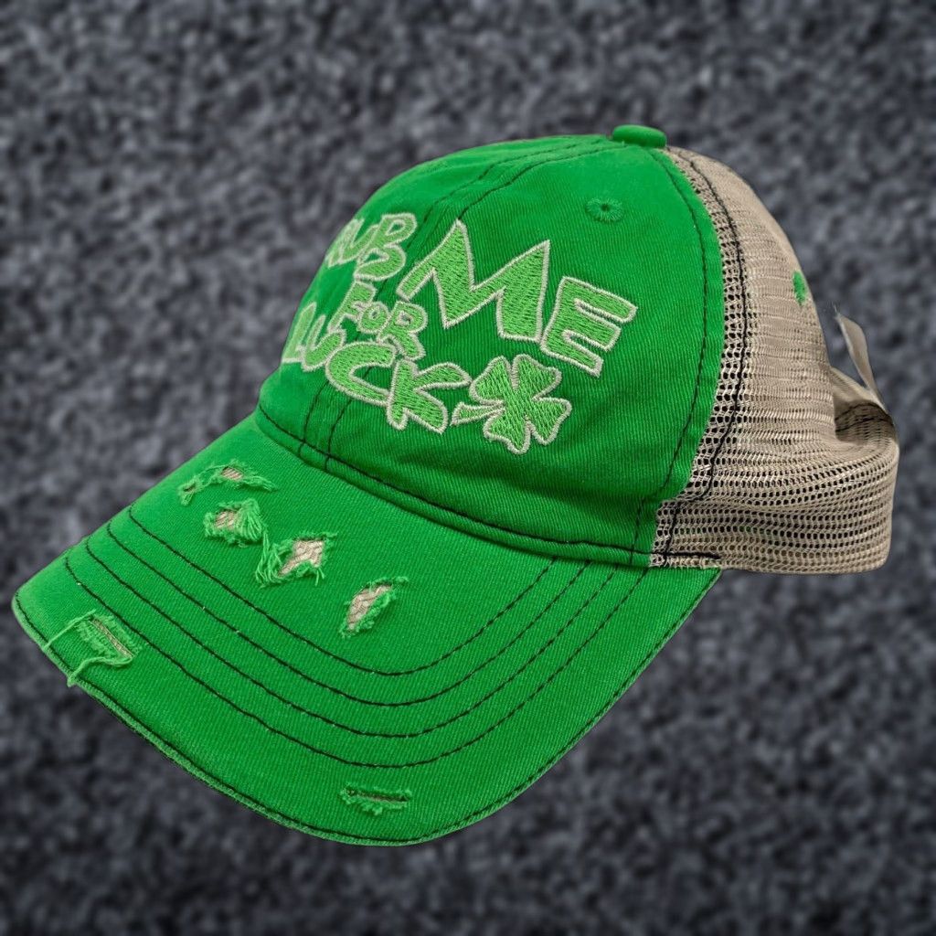 Vintage Rub Me For Luck Men's Green St. Patrick's Day Distressed Trucker Hat OS Size ONE SIZE - 1 Thumbnail