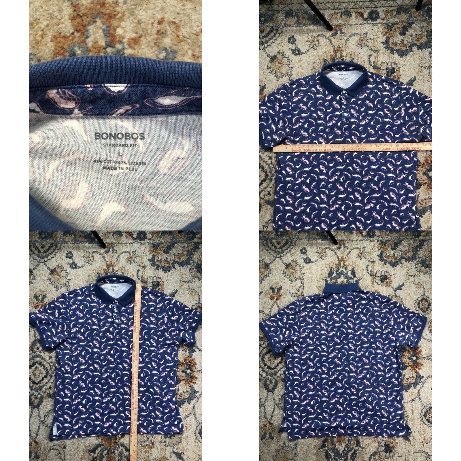 Bonobos Bonobos Polo Shirt Mens L Blue Tropical Fruit Print Short Sleeve Stretch Polo Shirt Casual Summer 98% Cotton 2% Spandex Regular Fit Graphic Print Size US L / EU 52-54 / 3 - 8 Thumbnail
