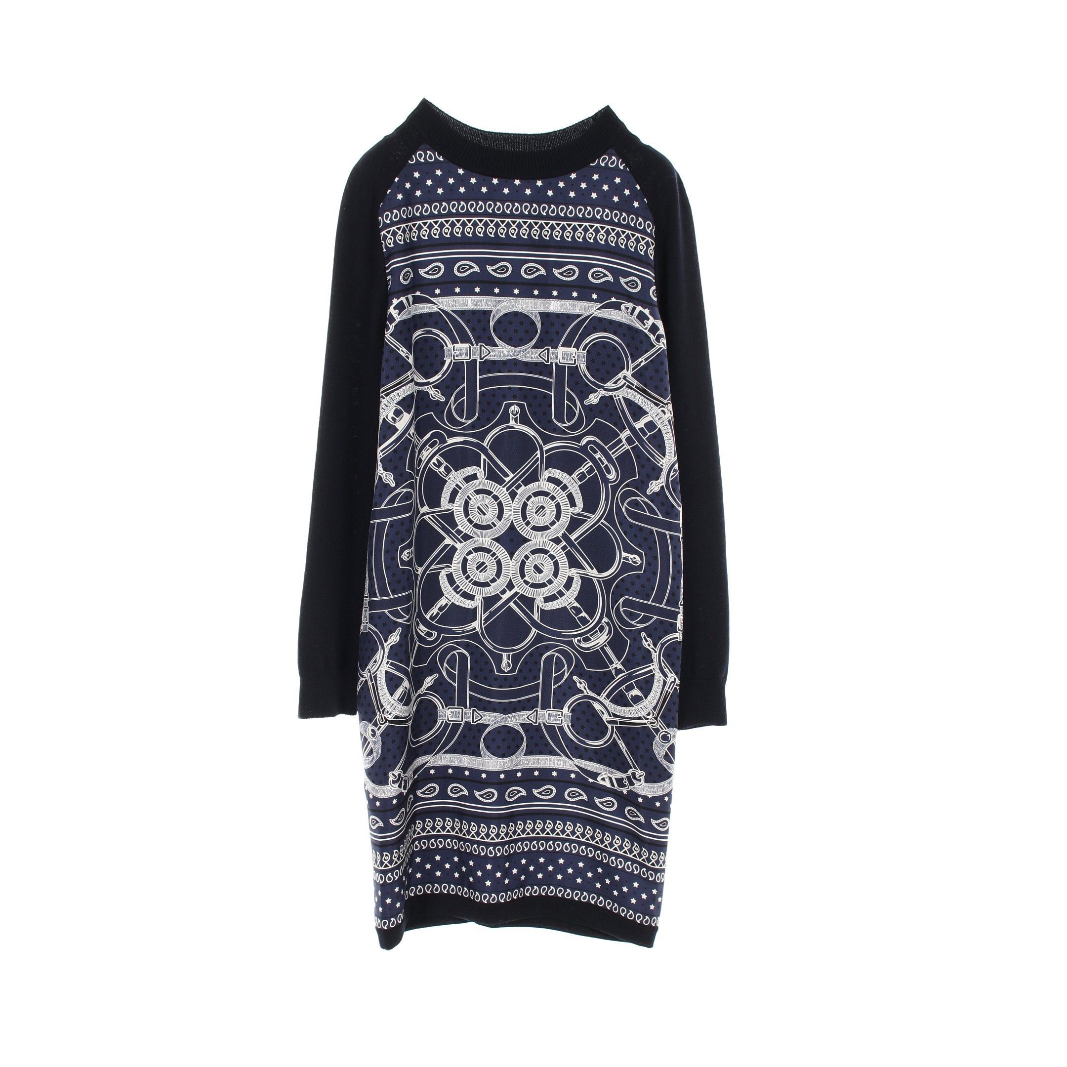 Hermes Hermes One Piece Knit Dress Long Sleeve Wool Silk Dark Navy White Size ONE SIZE - 1 Thumbnail