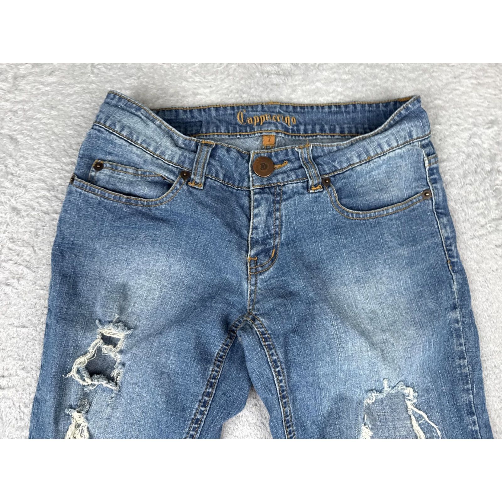 Vintage Cappuccino Jeans Bootcut Juniors 7 Blue Med Wash Low Rise Stretch Ripped Embroidered Back Pockets 5-Pocket Denim Casual Pants Womens Size 28" / US 6 / IT 42 - 4 Thumbnail