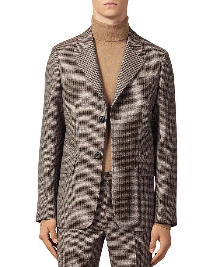 Sandro Houndstooth Brown Wool Check Suit Blazer 36/46 Size 36R - 6 Thumbnail