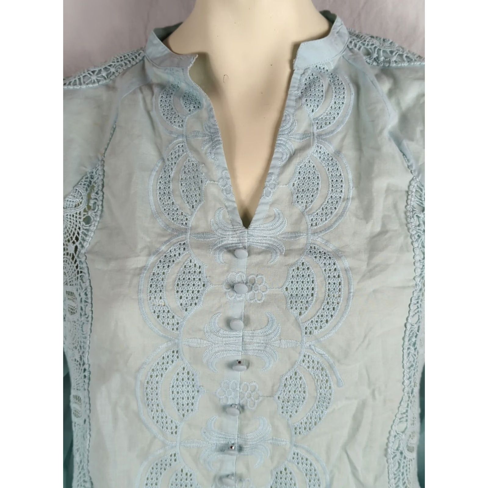Vintage Jennifer & Grace Peasant blouse Womens M blue Lace Eyelet Shirt Boat Boho Casual Party/Cocktail Shirt Size M / US 6-8 / IT 42-44 - 2 Thumbnail