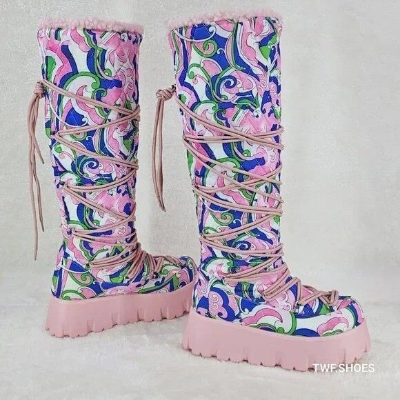 Other Winter Stomper 2" Platform Knee Boots Pink Design Fur Trim Size US 11 / IT 41 - 1 Thumbnail