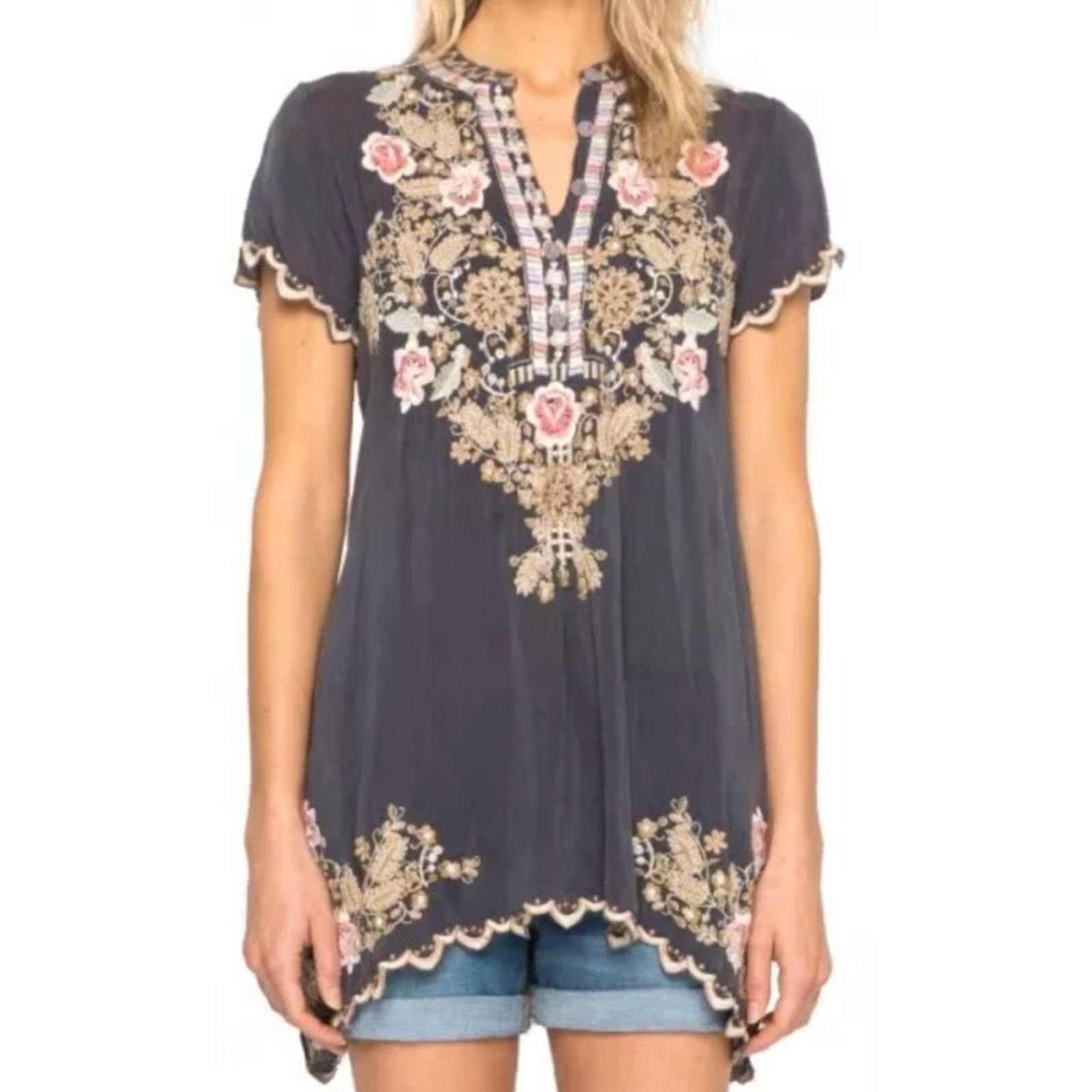 Johnny Was JOHNNY WAS Blouse Tunic XS Women's Gray Floral Embroidered Bohemian V-Neck Short Sleeve Charcoal All Seasons Size XS / US 0-2 / IT 36-38 - 2 Thumbnail