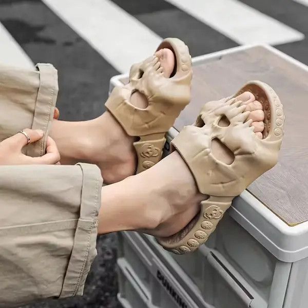 image of Designer Skull Slippers in Beige, Men's (Size 10)