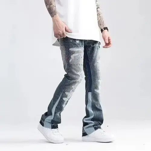 Japanese Brand Blue Speckle ink Washed Destroyed Flared Jean Size US 32 / EU 48 - 1 Thumbnail