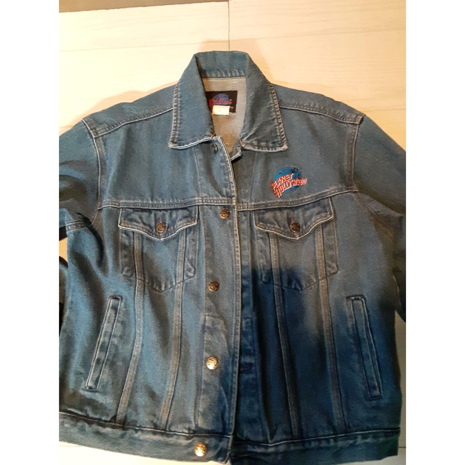Vintage VINTAGE Planet Hollywood jeans jacket Bomber Jacket Men Medium Blue 80s Embroidered Cotton All Seasons Size US 31 - 4 Thumbnail