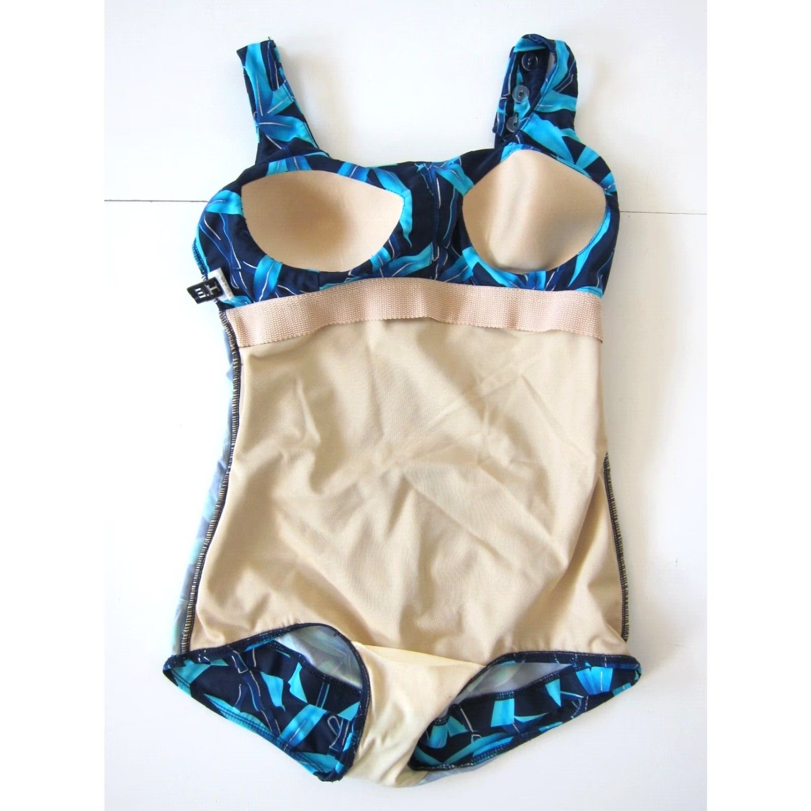 Vintage T.H.E. Blue Floral Bamboo One Piece Swimsuit Slimming Wide Strap Dress 10 Size L / US 10 / IT 46 - 7 Thumbnail