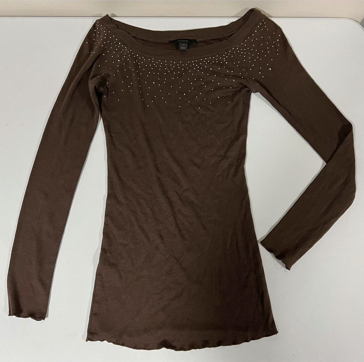 Express Brown Diamond Y2K Long Sleeve T-Shirt Top Blouse Tee XS 🤎✨ Size XS / US 0-2 / IT 36-38 - 1 Thumbnail