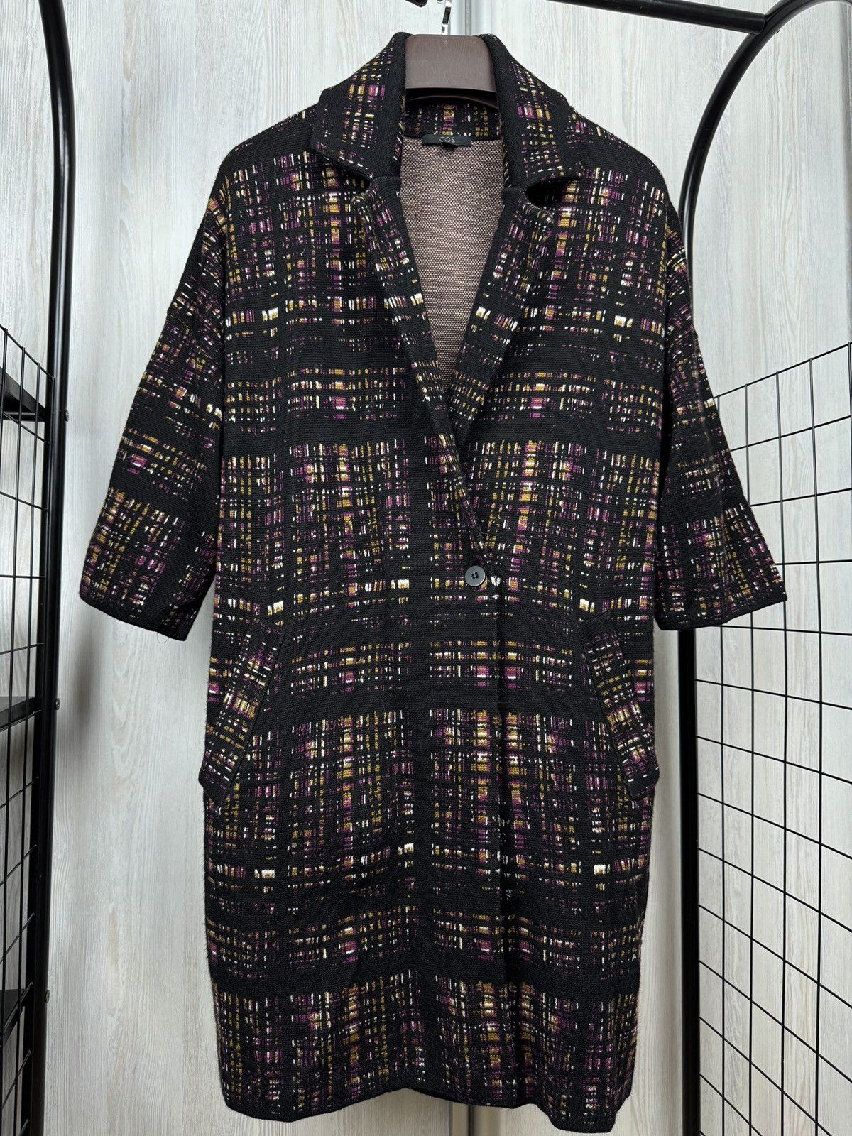 Cos COS Wool Knit Long Cardigan Coat Geo Plaid Button Pockets Size L / US 10 / IT 46 - 2 Thumbnail