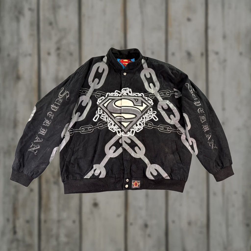 JH Design VINTAGE JH Design Superman Jacket Mens 2XL Black Twill Bomber Jacket Embroidered Chain Graphic Size US XXL / EU 58 / 5 - 1 Thumbnail