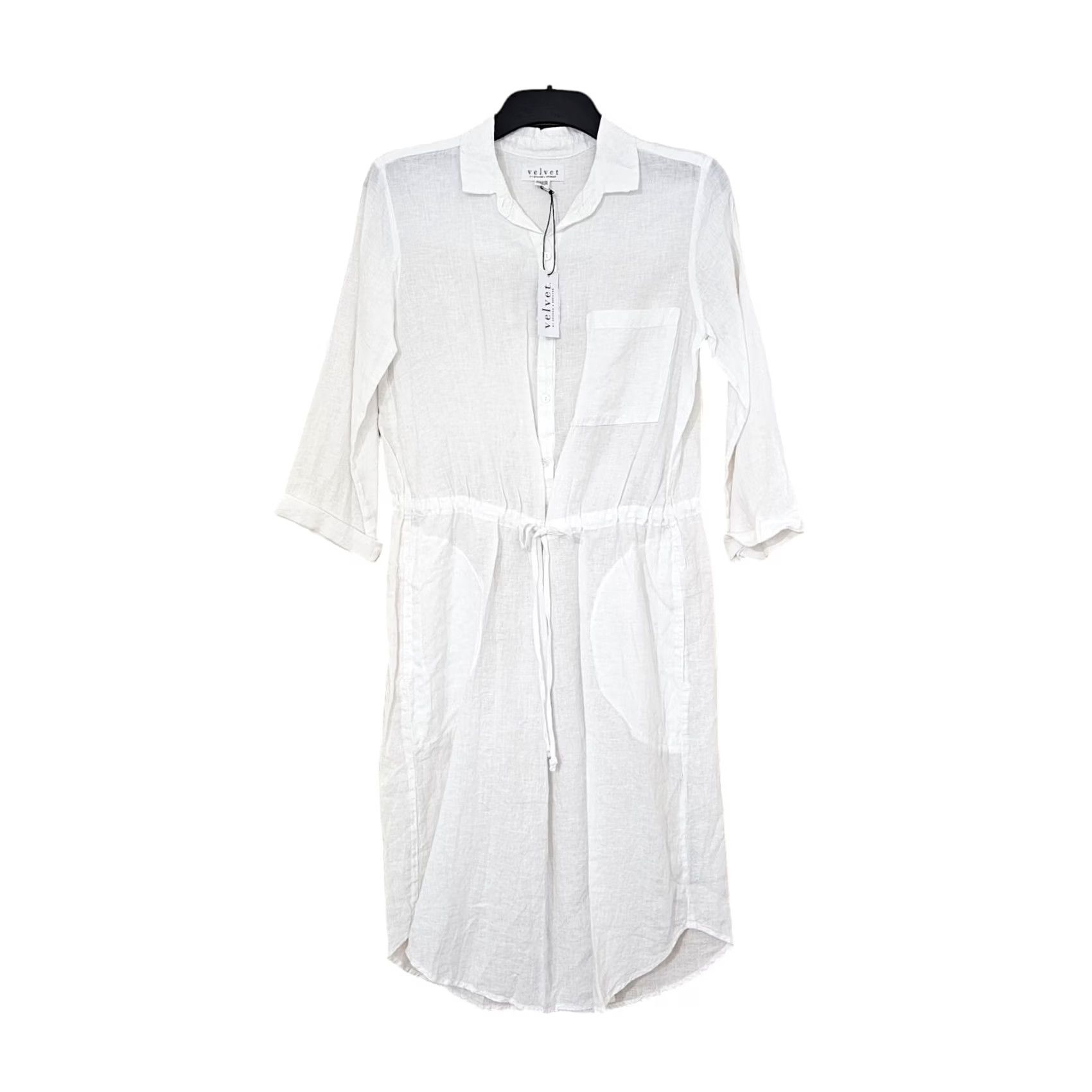 Velvet Velvet by Graham & Spencer Womens Dress White Small Linen Knee Length Long Sleeve Collared Button Pockets Casual Shirt Dress Designers Size S / US 4 / IT 40 - 2 Thumbnail