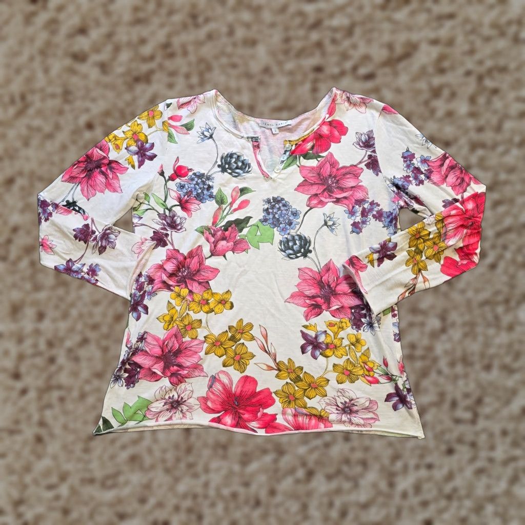 Vintage Tempo Paris Top Womens Size S White Pink Floral Henley Long Sleeve Casual Shirt Size S / US 4 / IT 40 - 1 Thumbnail