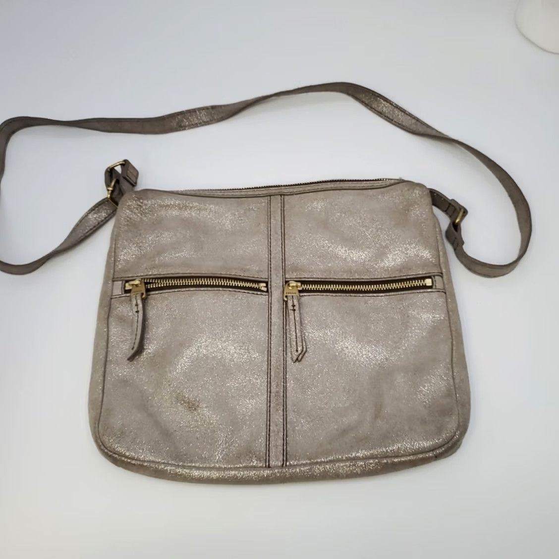 Fossil Fossil Handbag Purse Crossbody Messenger Gray Suede Leather Adjustable Strap Gold Hardware - Medium Women’s Size ONE SIZE - 4 Thumbnail
