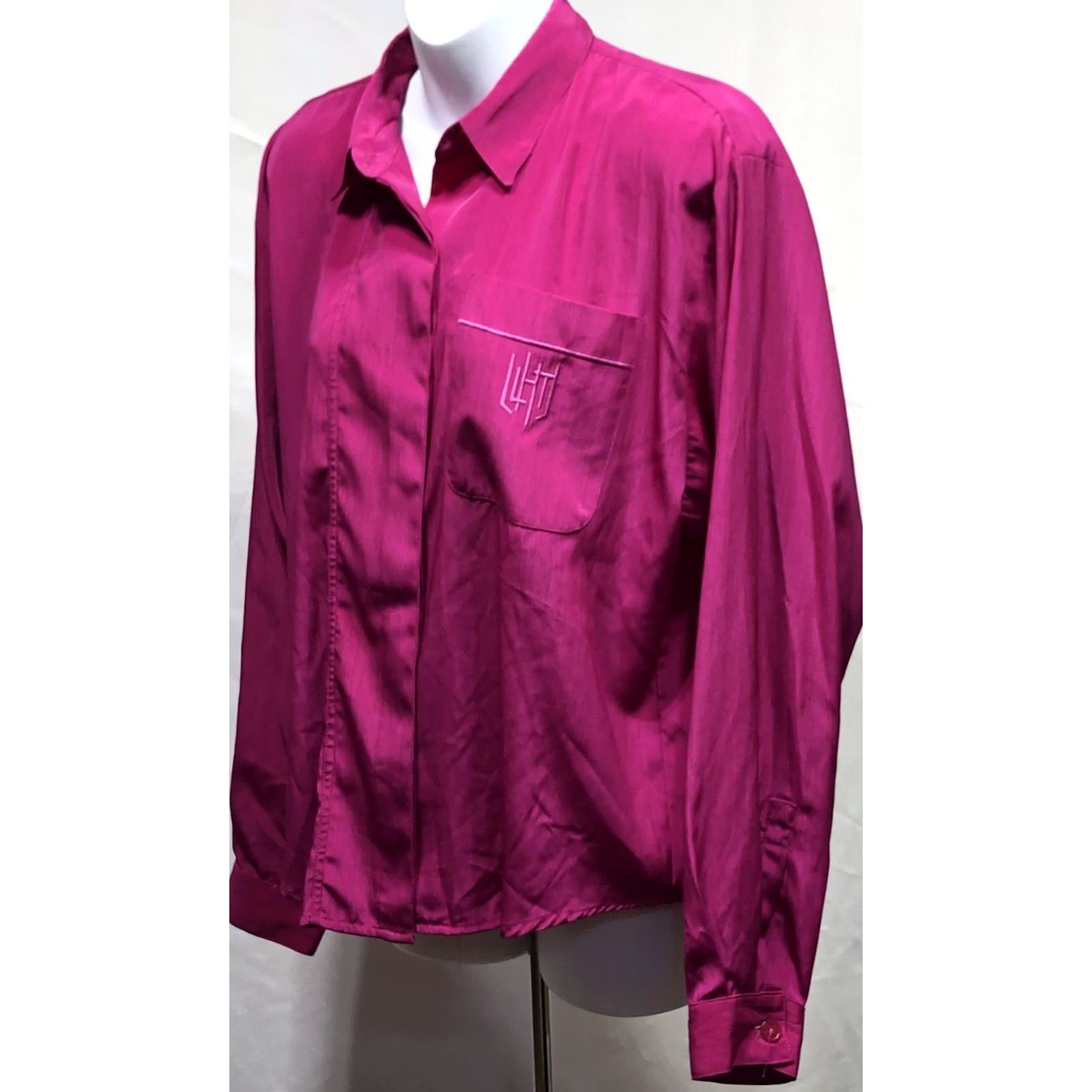 Vintage VINTAGE Fortina Silky Top Blouse 12 Purple Magenta ButtonUp LongSleeve Career Size XL / US 12-14 / IT 48-50 - 2 Thumbnail