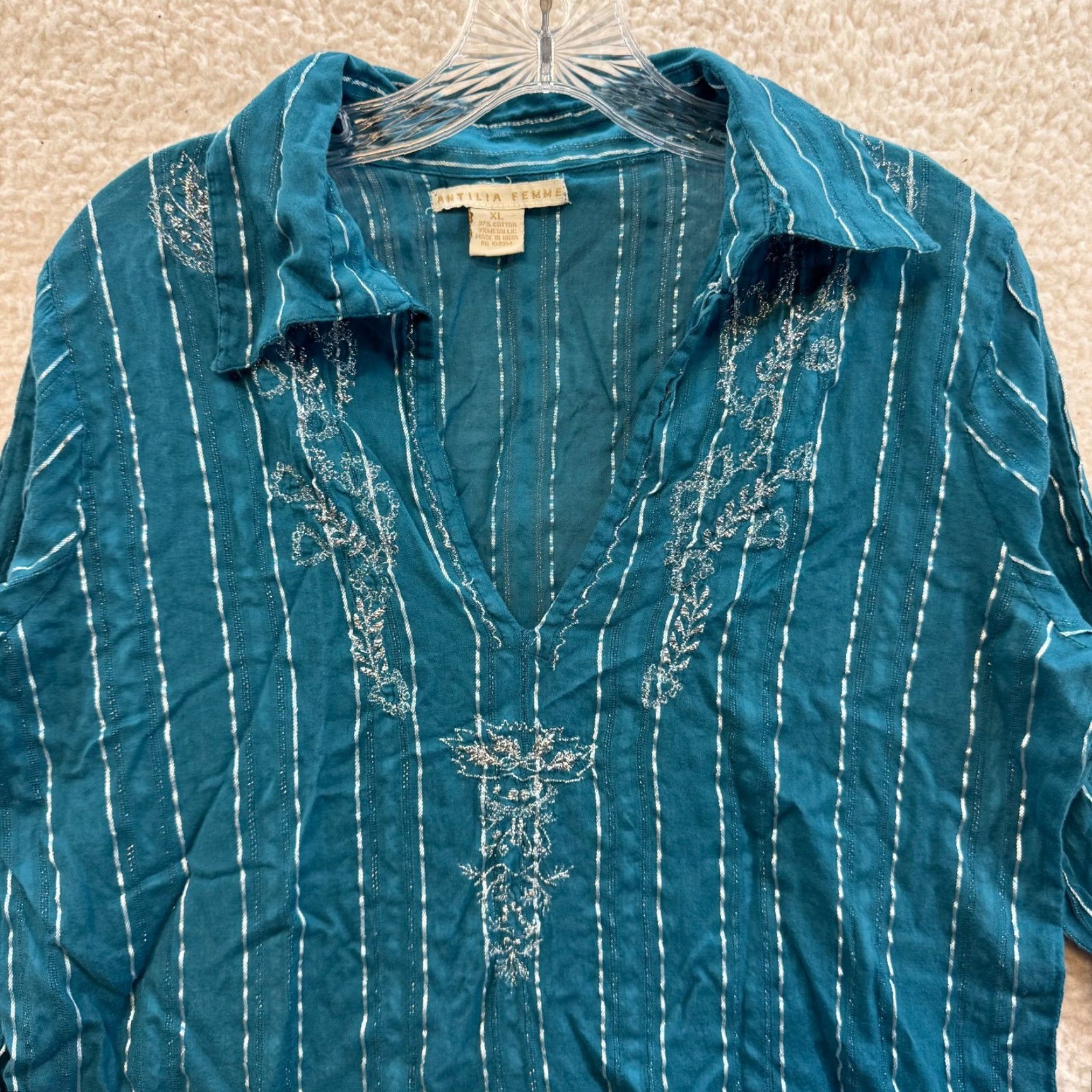 Altea Y2K Vintage Blouse Top XL Teal Blue Flared Sleeve Collared Silver Embroidery Shirt Womens XL Blue Boho Antilia Femme Size XL / US 12-14 / IT 48-50 - 3 Thumbnail