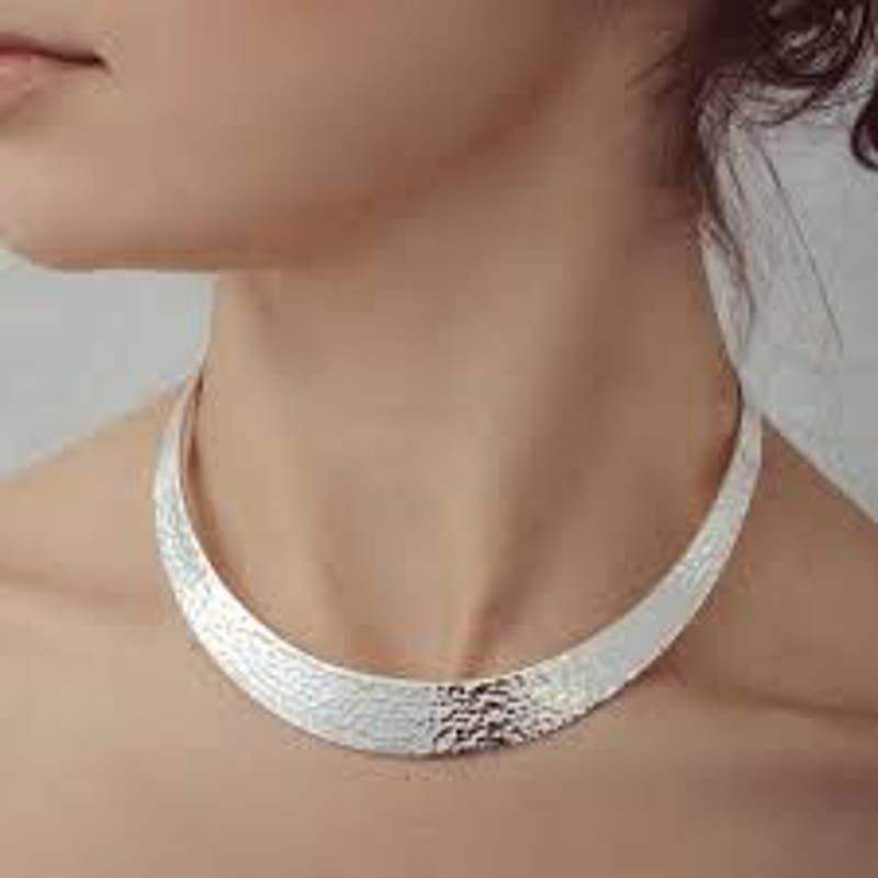 image of Designer Hand-Hammered Taxco 925 Sterling Silver Collar Necklace, Women's