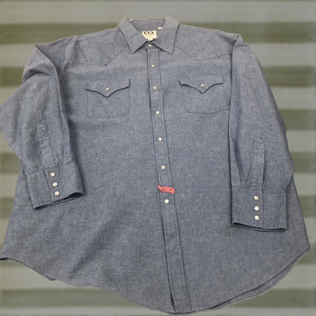 Vintage ELY CATTLEMAN XXL Blue Chambray Western Shirt - Mens Casual - Snap Button Up Size US XXL / EU 58 / 5 - 1 Thumbnail
