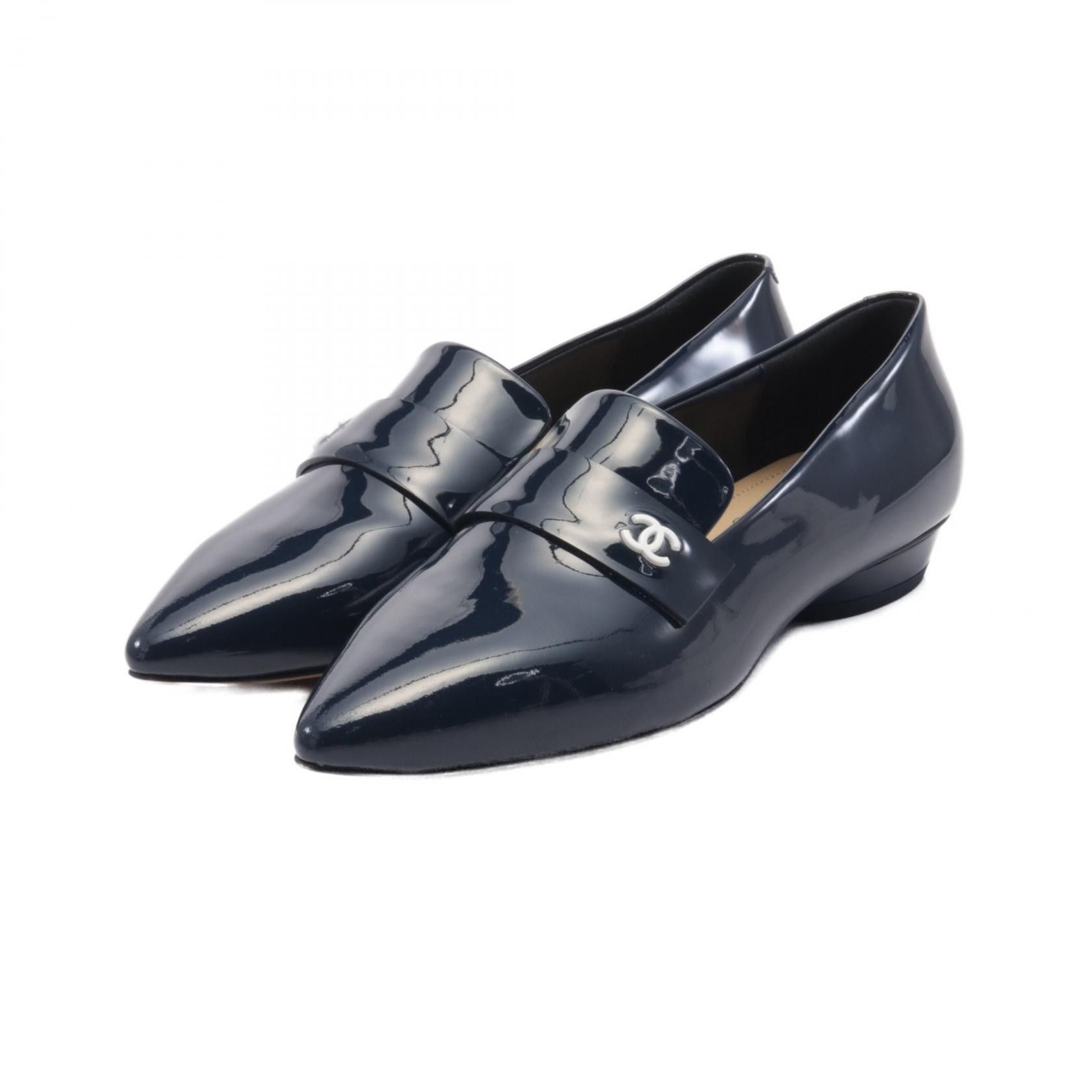 Chanel Chanel Coco Mark Patent Leather Loafers Enamel Shoes G35500 in Blue, Women's
