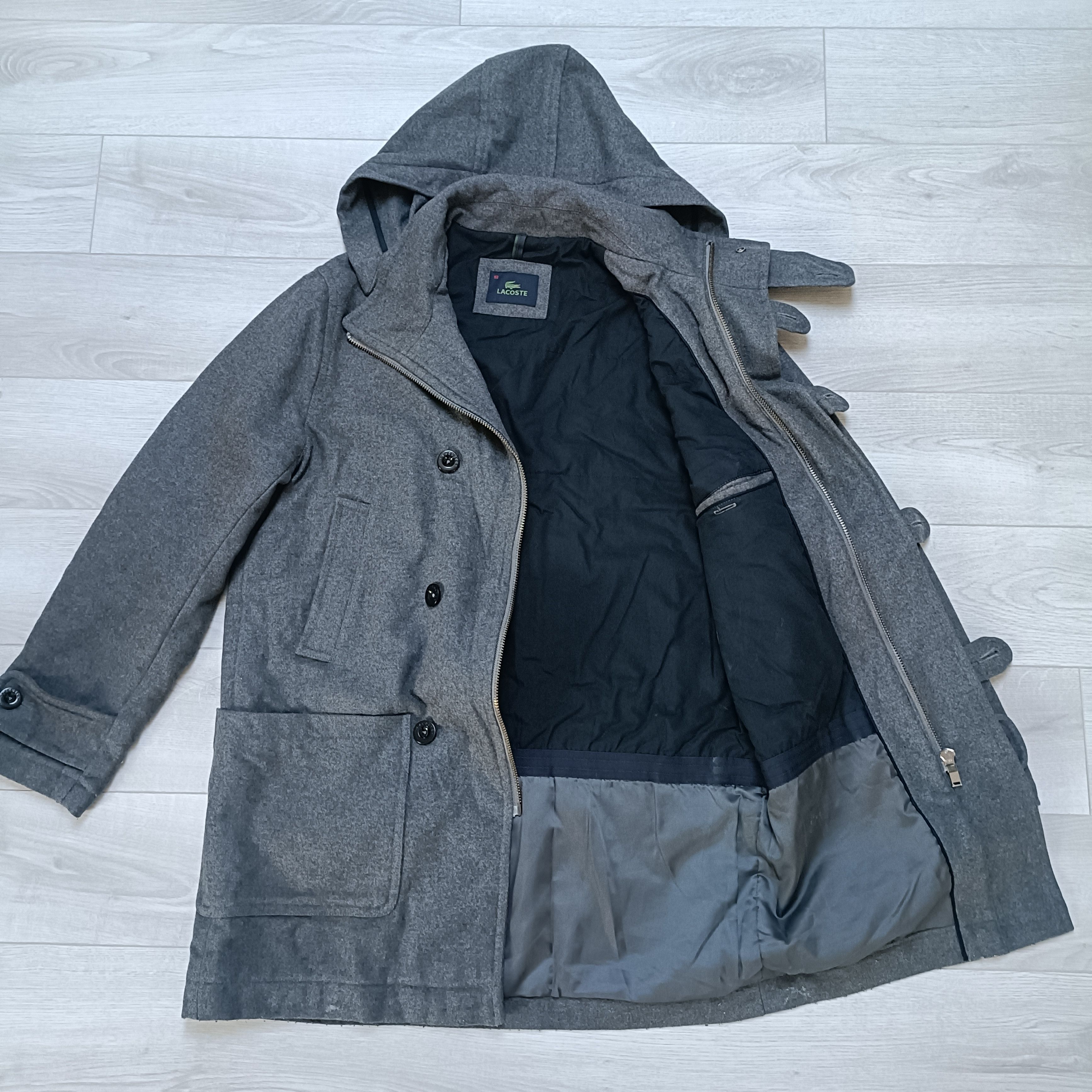 Lacoste Men's Gray Wool Double Breasted Hooded Coat ! Size US L / EU 52-54 / 3 - 2 Thumbnail