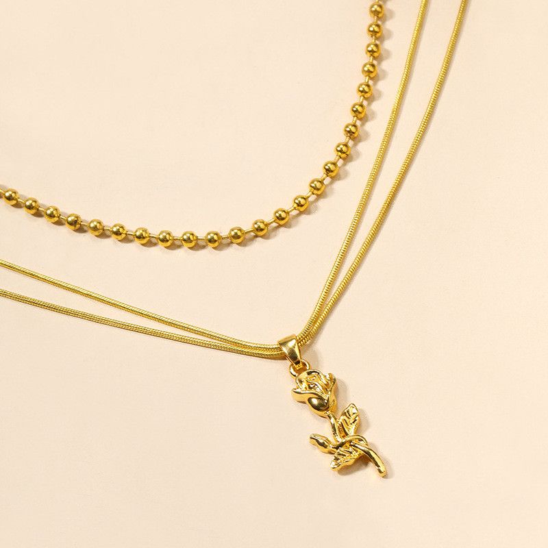 Jewelry Double Layer Rose Chain Pendant Necklace Size ONE SIZE - 3 Thumbnail