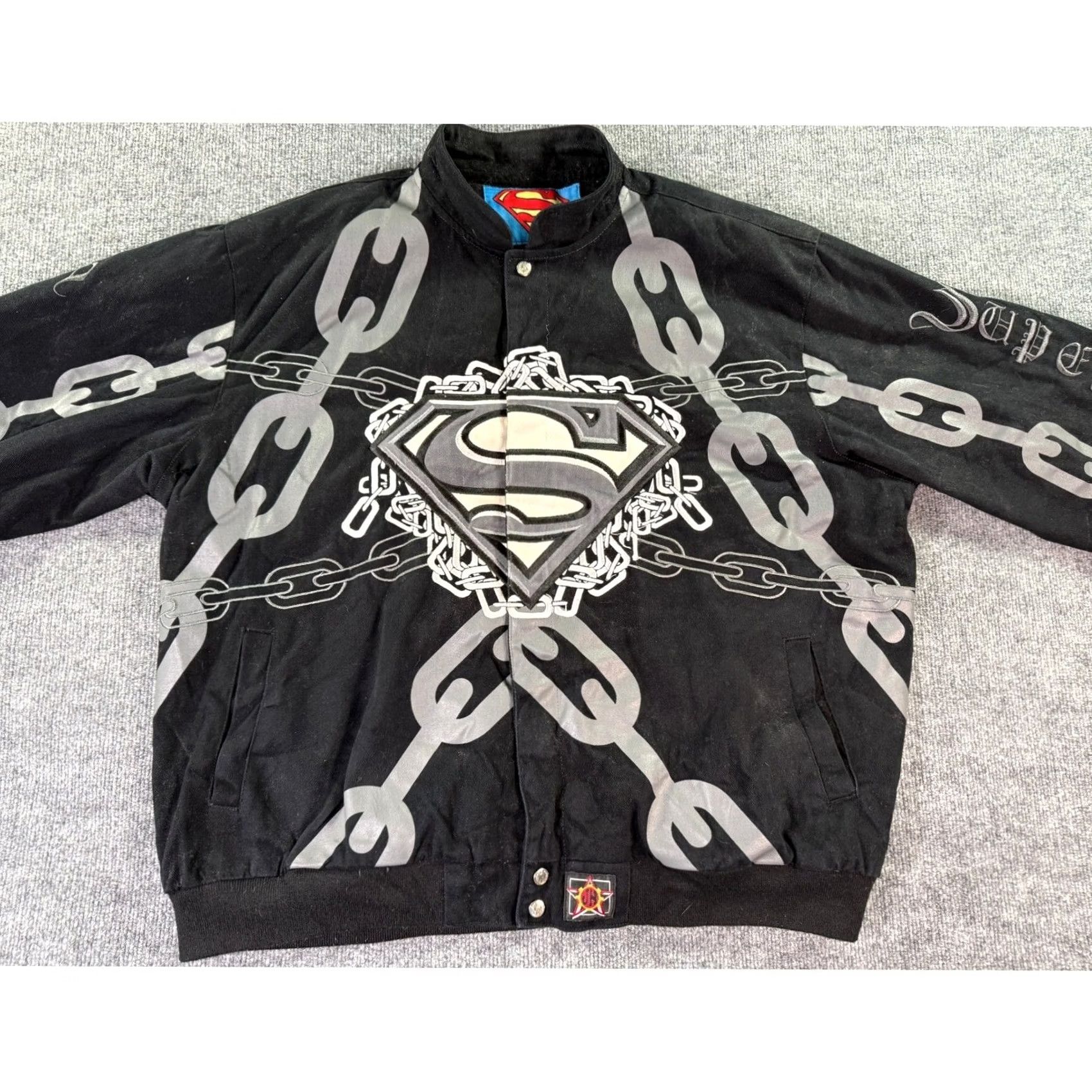 JH Design VINTAGE JH Design Superman Jacket Mens 2XL Black Twill Bomber Jacket Embroidered Chain Graphic Size US XXL / EU 58 / 5 - 7 Thumbnail