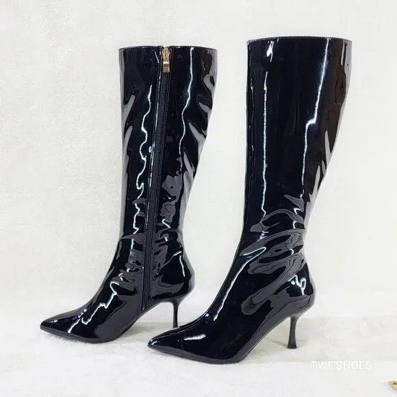 Other Static Shiny Black Patent Knee Boots 3" Kitten Heels (US Sho Size US 10 / IT 40 - 2 Thumbnail