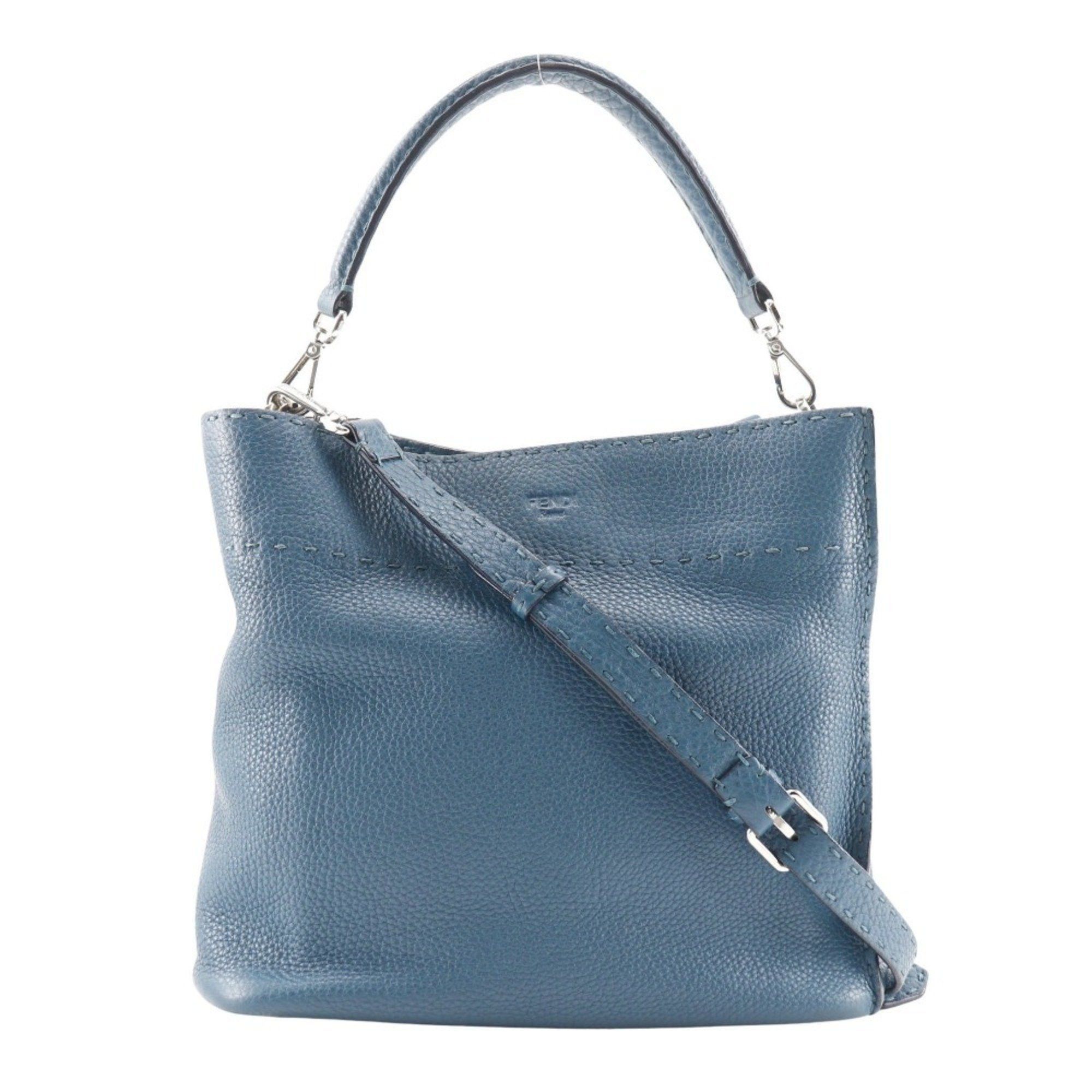 Fendi Selleria Anna Small Bucket Shoulder Bag 8Bt218 Calfskin Blue 2Way A5 Women's