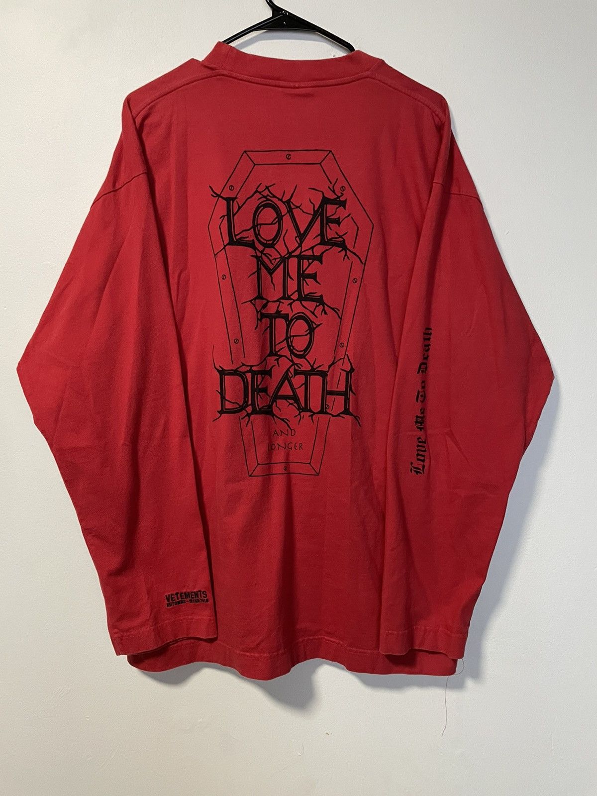 image of Vetements Demna Love Me To Death And Longer Long sleeve Tee in Red, Men's (Size Small)