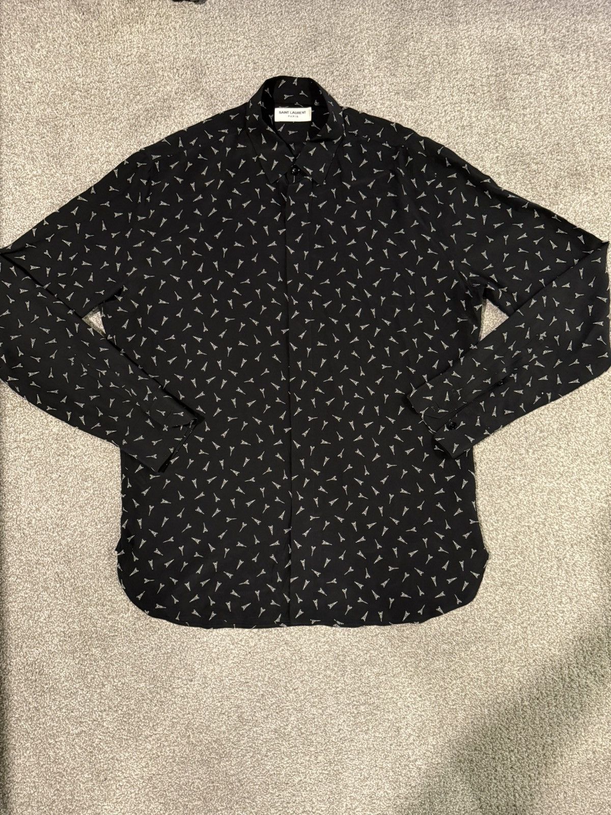 Saint Laurent Paris Saint Laurent YSL Black Eiffel Tower Print Silk Button Down Size US XXS / EU 40 - 4 Thumbnail