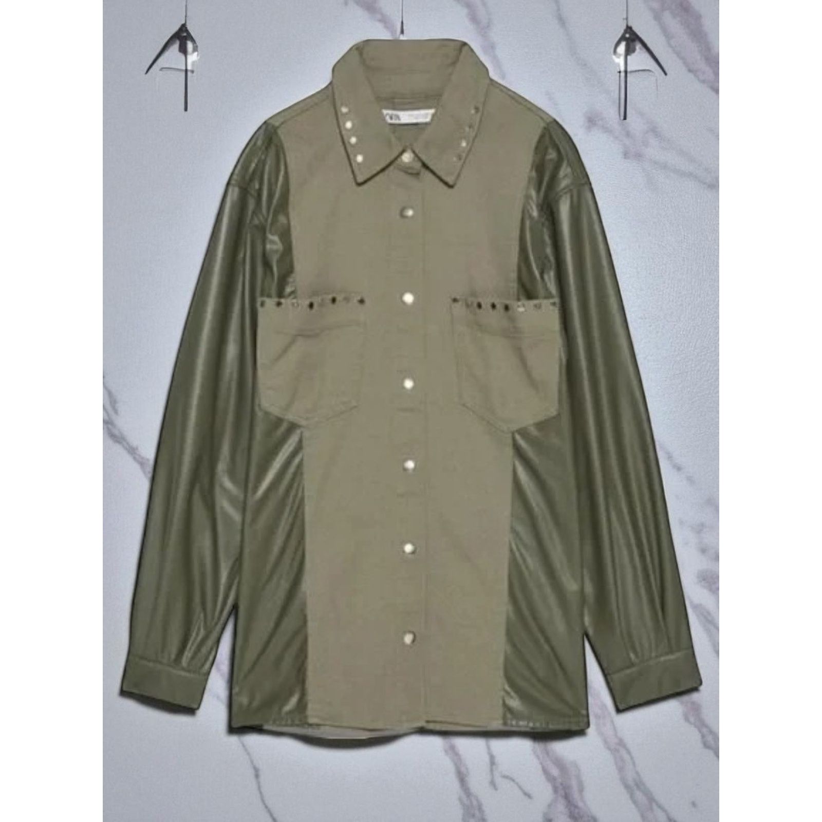 Zara ZARA Army Green Contrast Faux Leather Sleeve Studs Jacket XS Size XS / US 0-2 / IT 36-38 - 7 Thumbnail