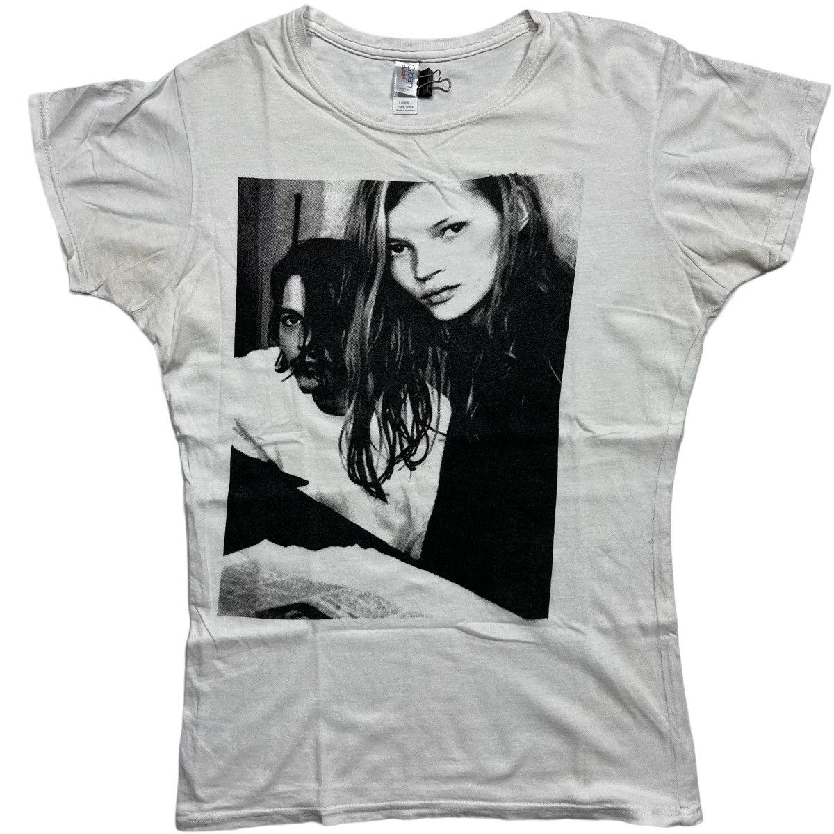 image of Movie Johnny Depp Kate Moss 90's Photo Shirt in White, Men's (Size Medium)