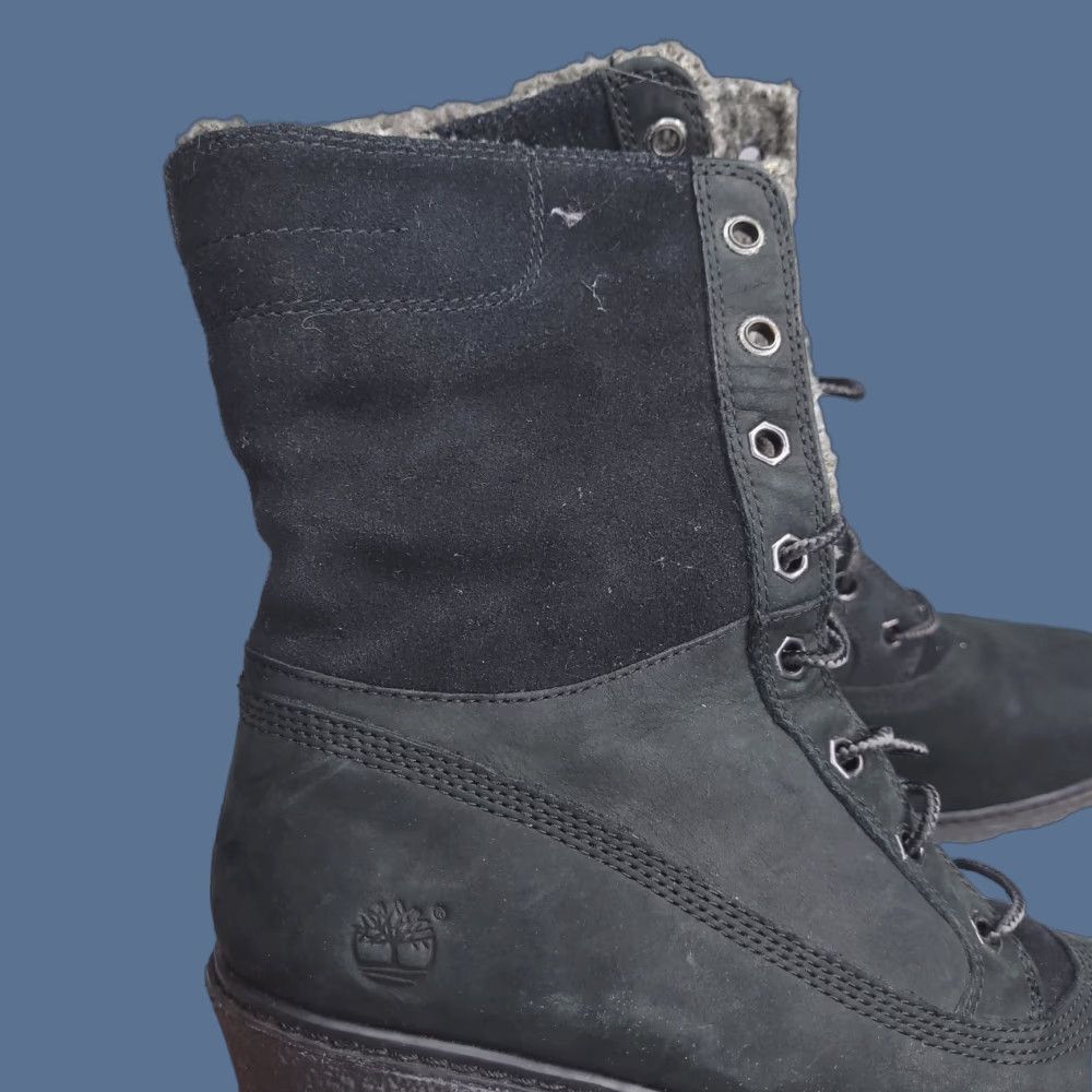 Timberland Timberland Boots Women 8.5 Winter Leather High Heel Bootie Black Sherpa Warm Dark Olive Green Vintage No (adjusted?) Size US 9 / IT 39 - 1 Thumbnail
