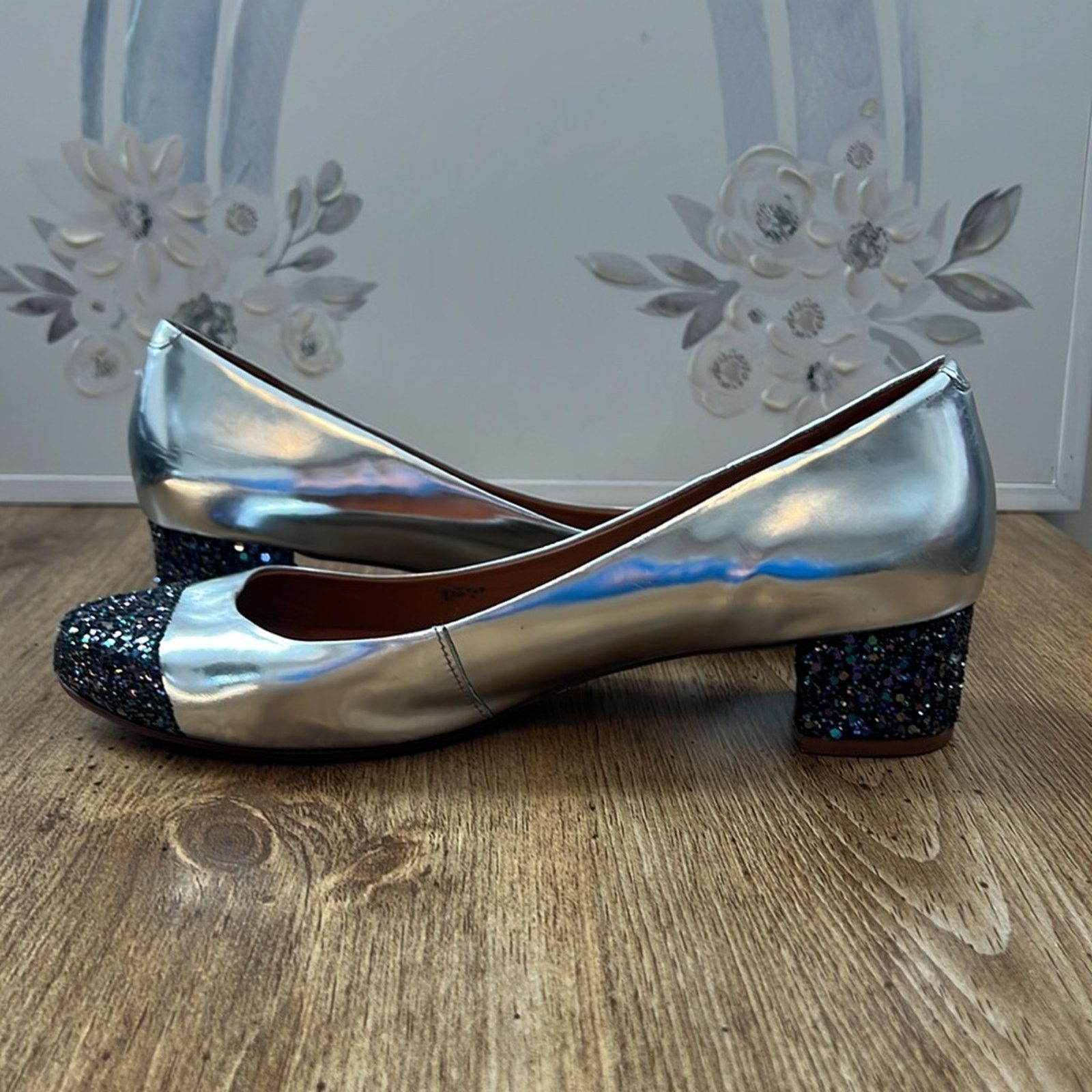 SCHUTZ Schultz Silver Glitter Block Heels Size US 9 / IT 39 - 10 Thumbnail
