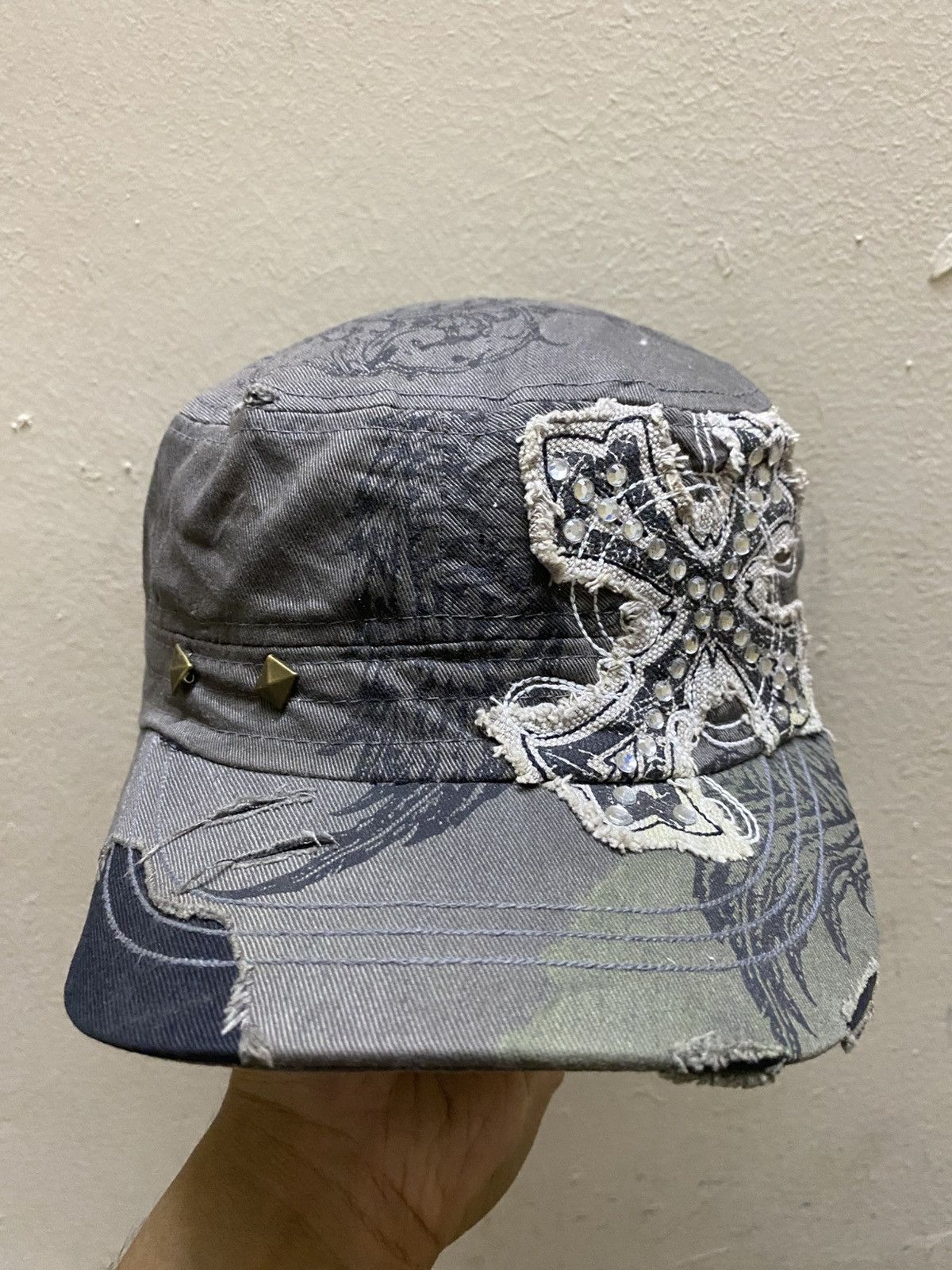 Cross Ghotic Cadet Hat Distressed Rhinestone Style Y2K