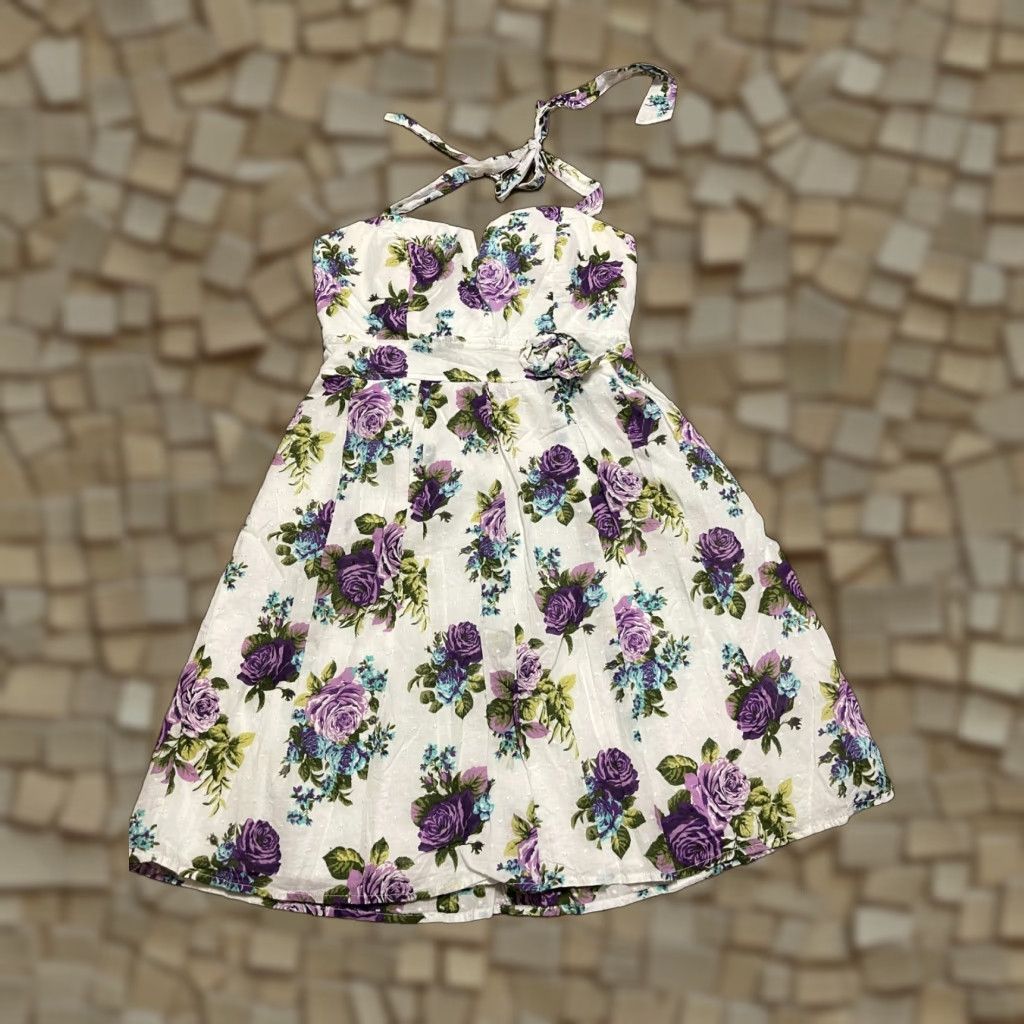 Vintage City Triangles Dress, Women's Size 9, Halter, Floral, White, Purple, Blue, Green - Fit & Flare, Short, Casual, Regular, Spring Summer Fall, Womens Size M / US 6-8 / IT 42-44 - 1 Thumbnail