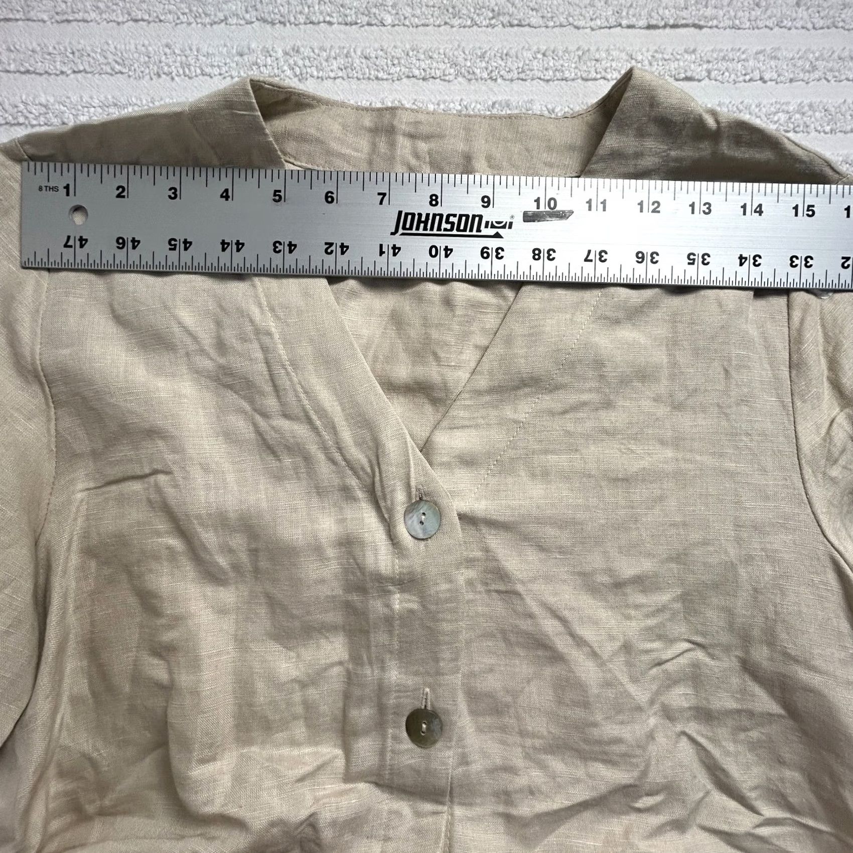 Vintage Jennifer & Grace Blouse Womens Medium Beige 3/4 Sleeve Peplum Dropwaist Linen Rayon V-Neck Button Holiday Casual Womens Size M / US 6-8 / IT 42-44 - 6 Thumbnail