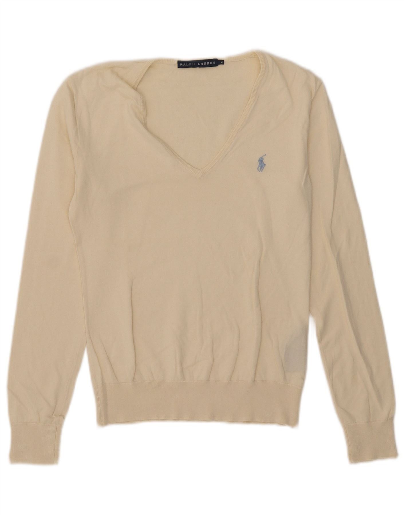 Ralph Lauren Womens V-Neck Jumper Sweater UK 12 Medium Off White Cotton Size XS / US 0-2 / IT 36-38 - 1 Thumbnail