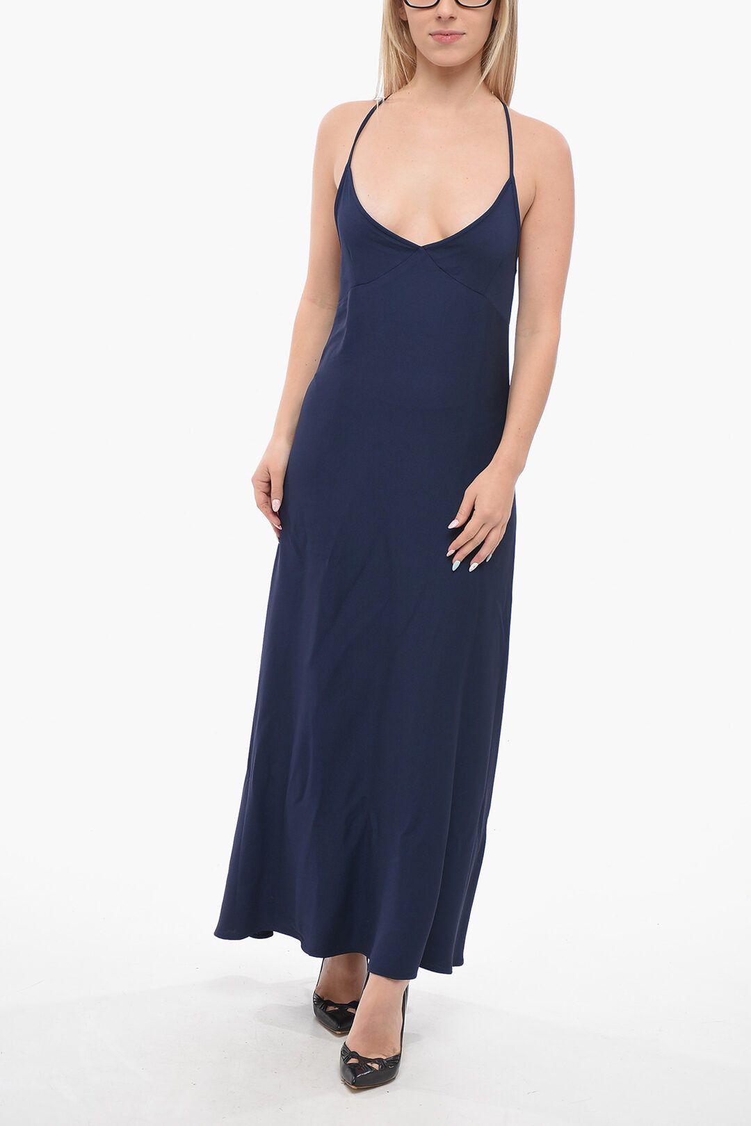 image of Ami Og1Mm0524 V-Neck Dress In Blue, Women's (Size XS)