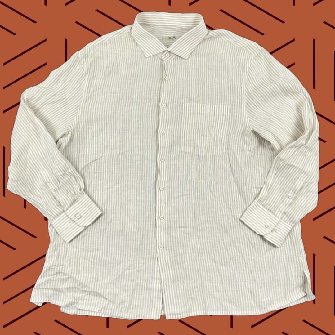 VINTAGE Solbiati Button Up Shirt Mens 3XL Linen Brown Striped Classic Clothing Mens Regular 3XL Button-Up Shirt Linen European Flax Old Money