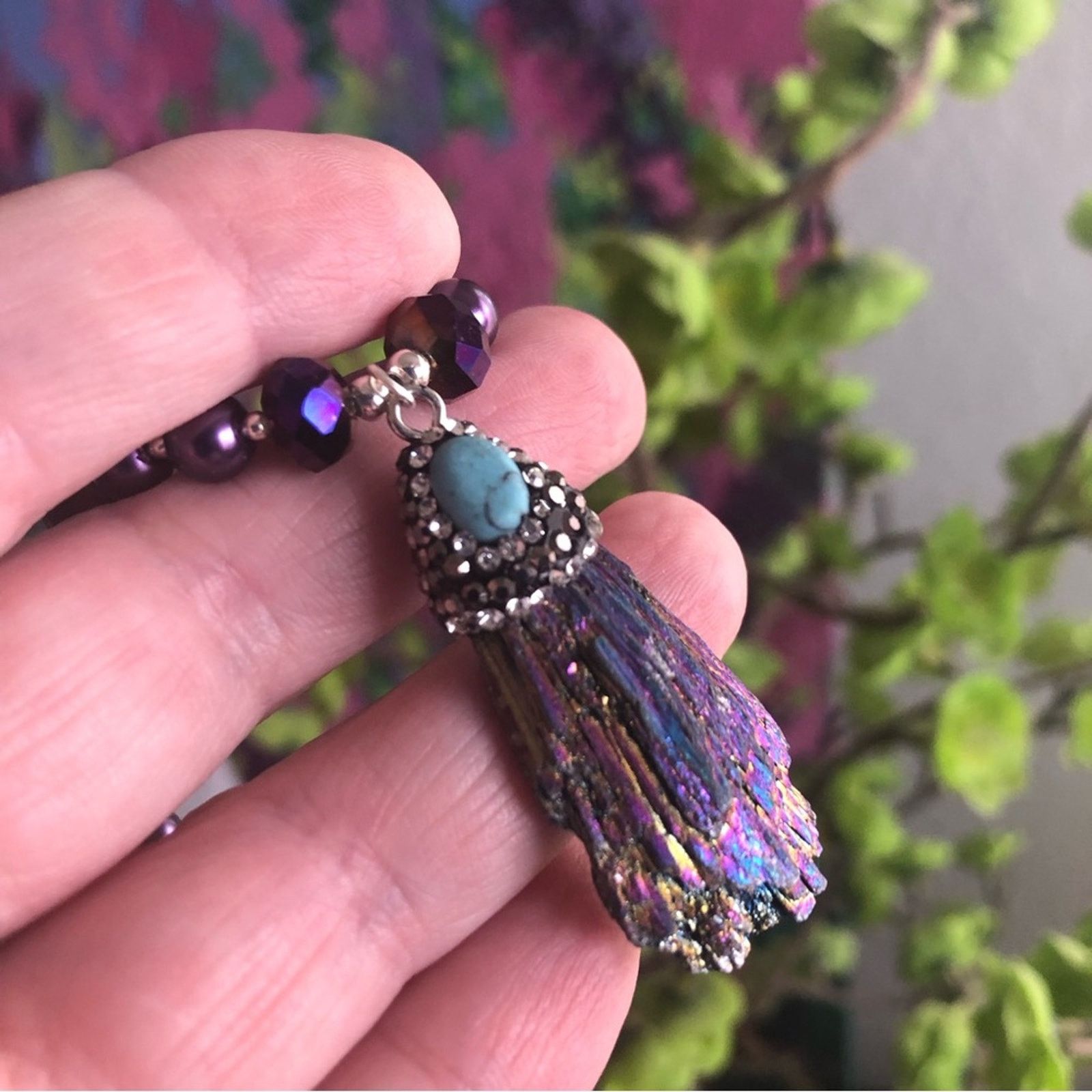 Handcrafted peacock tail tourmaline turquoise Pearl necklace