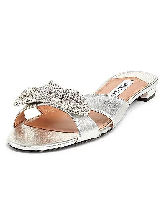 Aquazzura os11x1225 Very Bow Tie Crystal Slide Sandals in Silver Size US 7 / IT 37 - 2 Thumbnail