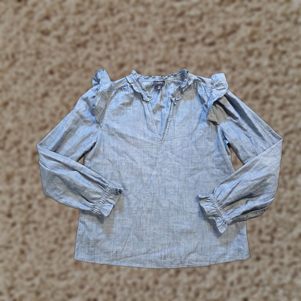 J.Crew J.CREW Top Womens XS Blue Denim Blouse Long Sleeve Ruffle V-Neck Casual Shirt Size XS / US 0-2 / IT 36-38 - 1 Thumbnail