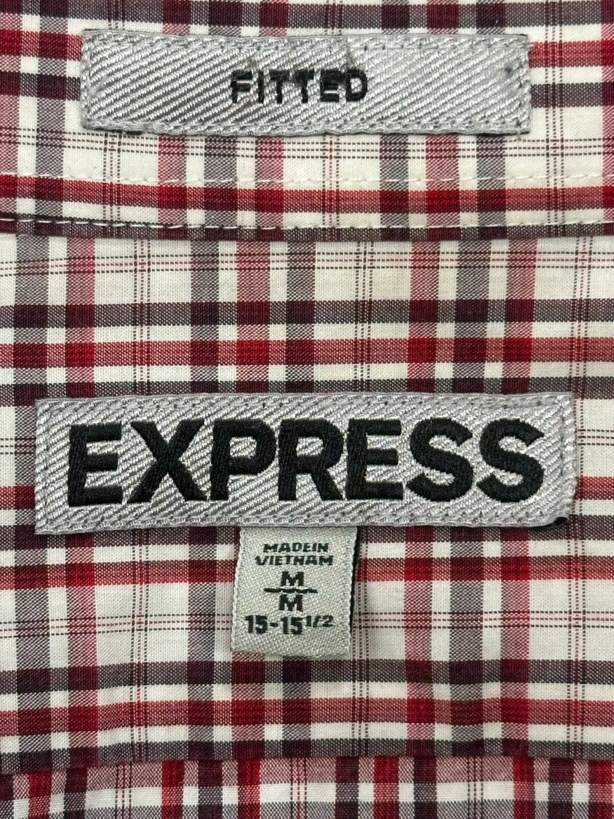 Express Express Fitted Striped/Check Button Up Red Mens M 15-15.5 Size US M / EU 48-50 / 2 - 7 Thumbnail